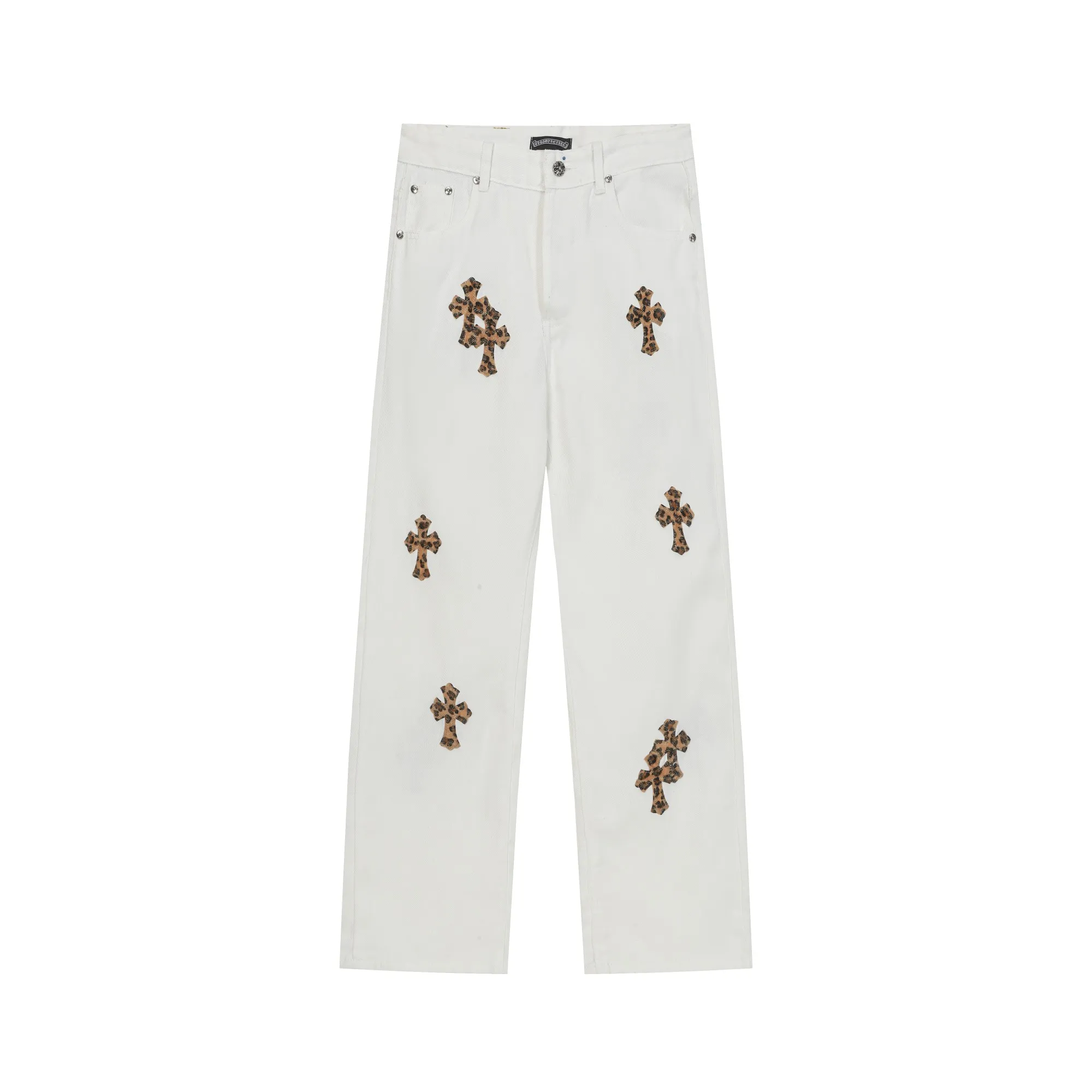 P270 Chrome Hearts/Chrome Hearts 25ss Classic White Cow Series Colored Leather Cross Washed Color Cloth Uniform Denim Trousers for Men and Women Color: Picture Color Code Number: 28-36